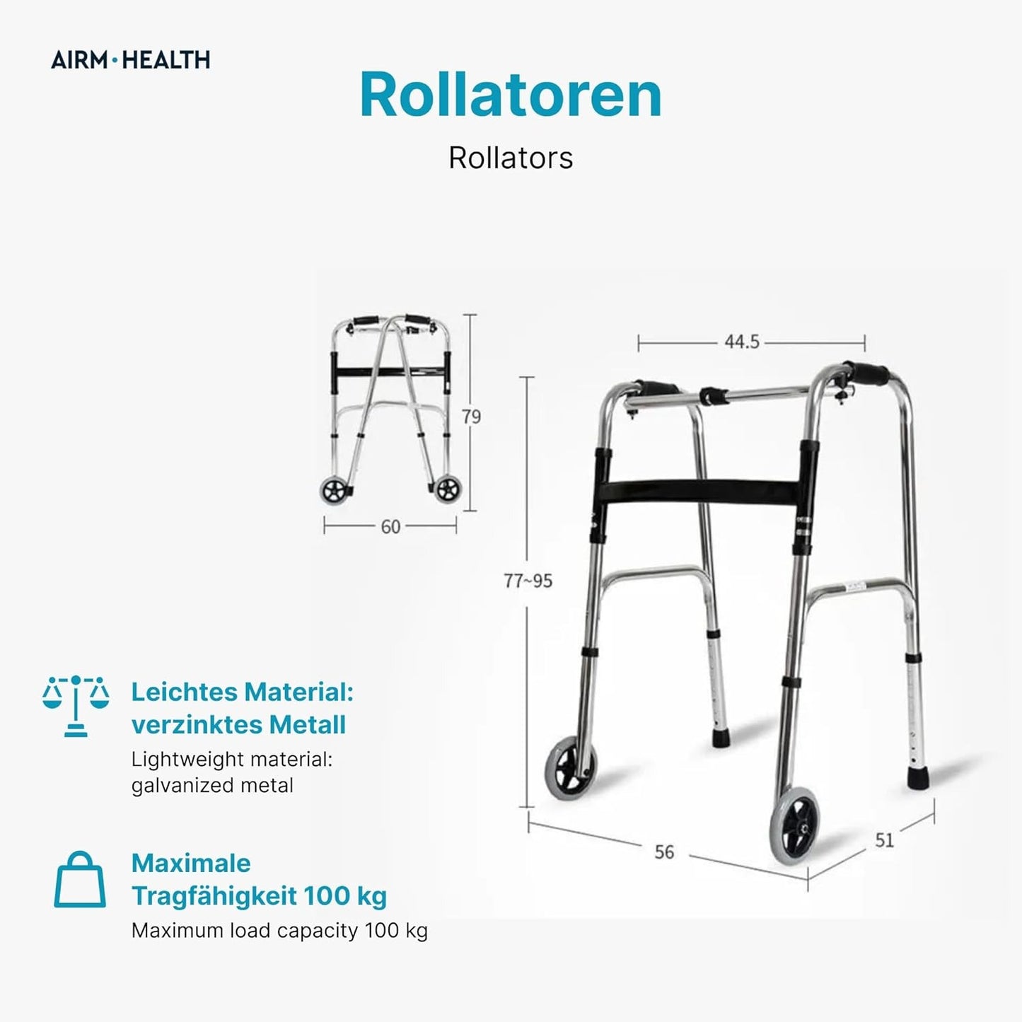 AIRM HEALTH Wohnungsrollator – Faltbar & Leicht, Schmal für Zuhause, Rollator für Senioren, All Gelände, 41 x 56 x 74 cm (8022)