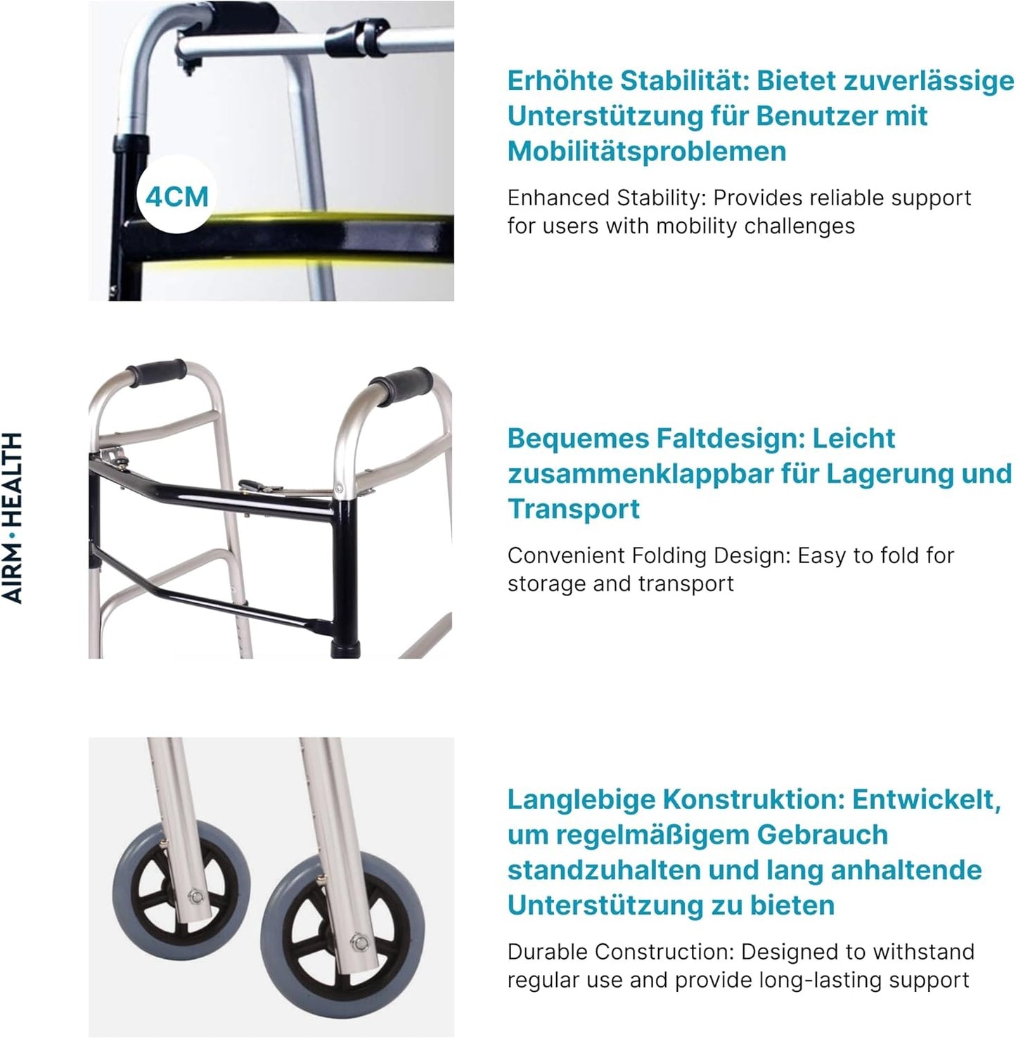 AIRM HEALTH Wohnungsrollator – Faltbar & Leicht, Schmal für Zuhause, Rollator für Senioren, All Gelände, 41 x 56 x 74 cm (8022)