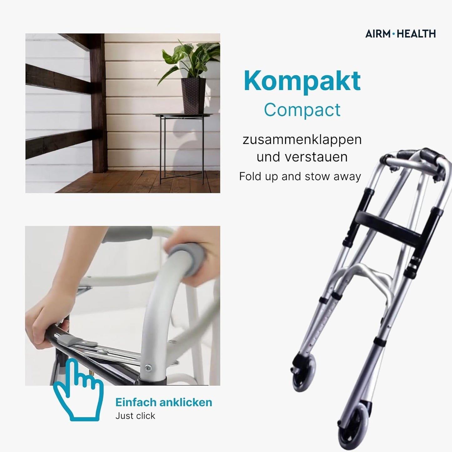 AIRM HEALTH Wohnungsrollator – Faltbar & Leicht, Schmal für Zuhause, Rollator für Senioren, All Gelände, 41 x 56 x 74 cm (8022)