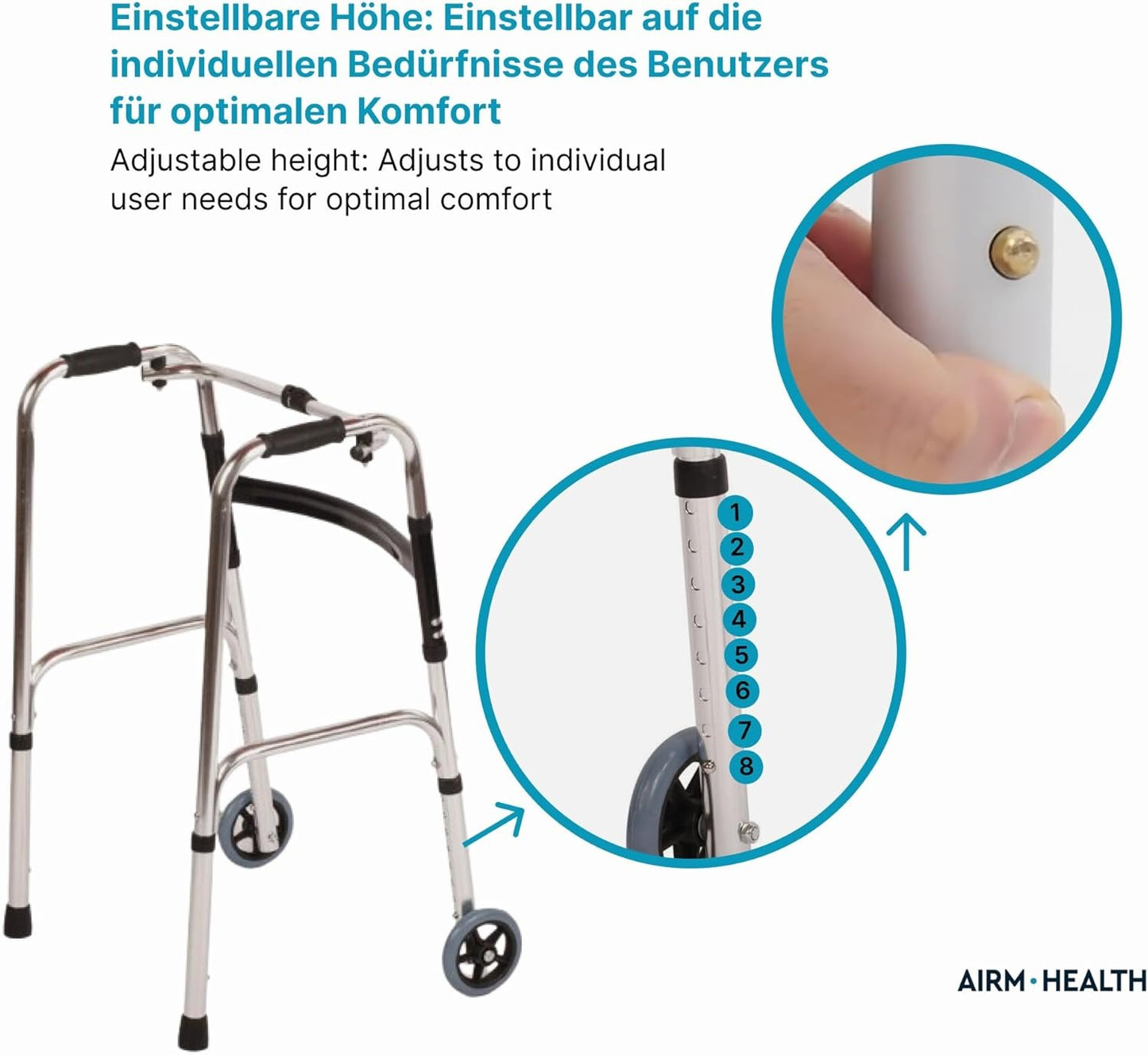 AIRM HEALTH Wohnungsrollator – Faltbar & Leicht, Schmal für Zuhause, Rollator für Senioren, All Gelände, 41 x 56 x 74 cm (8022)