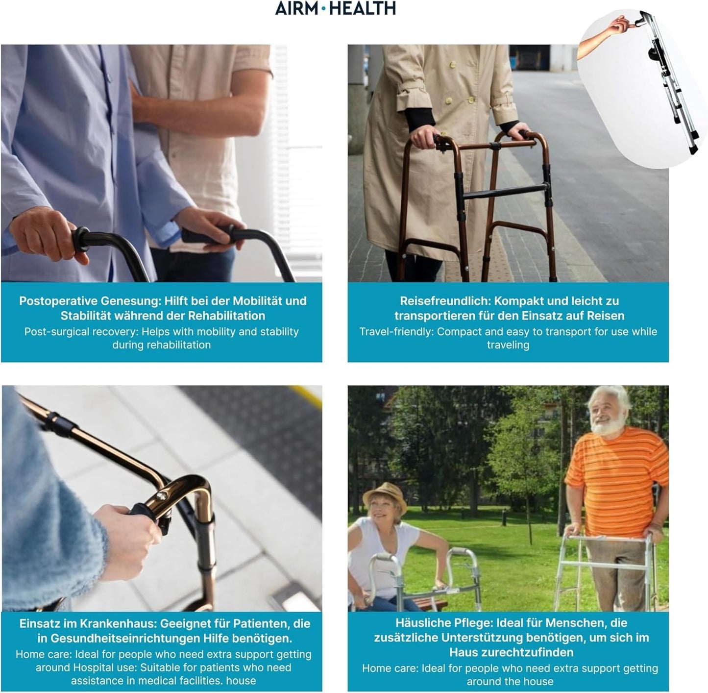 AIRM HEALTH Wohnungsrollator – Faltbar & Leicht, Schmal für Zuhause, Rollator für Senioren, All Gelände, 41 x 56 x 74 cm (8022)