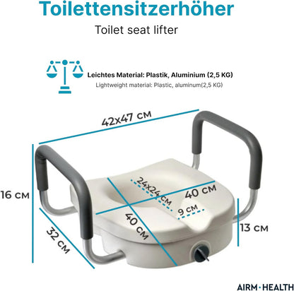 AIRM HEALTH Toilettensitzerhöhung mit Armlehnen – 13 cm, stabil & bequem, für Senioren (8853)