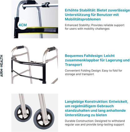 AIRM HEALTH Wohnungsrollator – Faltbar & Leicht, Schmal für Zuhause, Rollator für Senioren, All Gelände, 41 x 56 x 74 cm (8022)