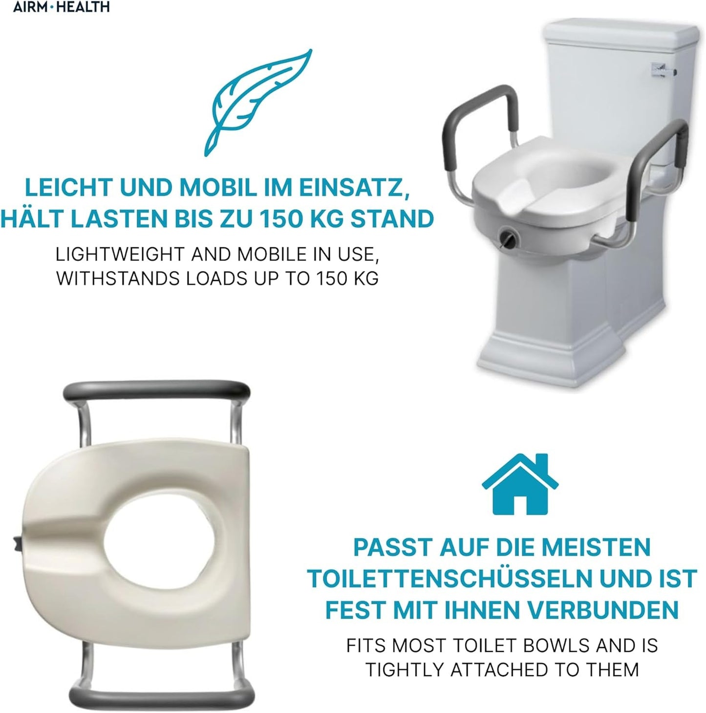 AIRM HEALTH Toilettensitzerhöhung mit Armlehnen – 13 cm, stabil & bequem, für Senioren (8853)