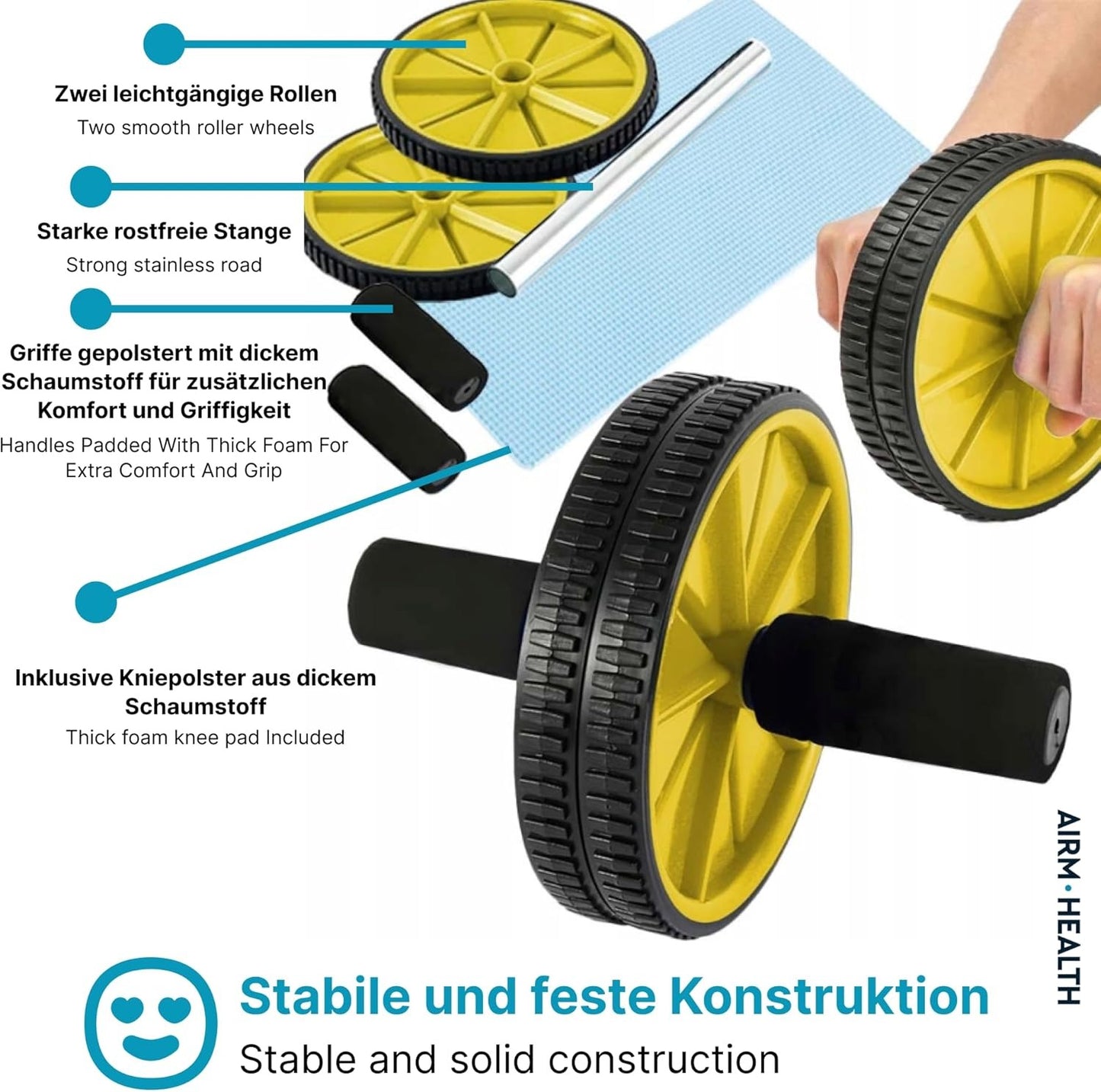 AIRM HEALTH Ab Roller mit Doppelrolle – Bauchmuskeltrainer für Reha & Heimtraining (5811)